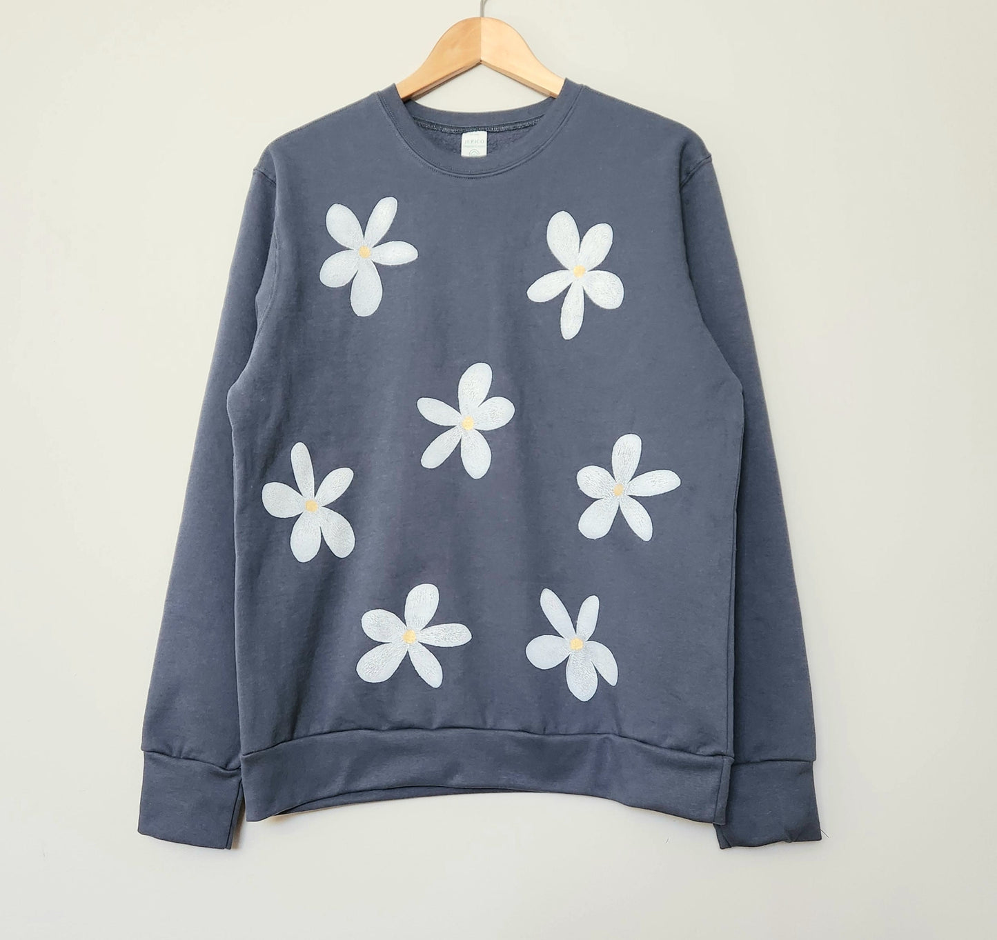 Daisy flower sweatshirt, unisex organic cotton crewneck, all over block print floral pattern, vintage inspired, ethical fall fashion