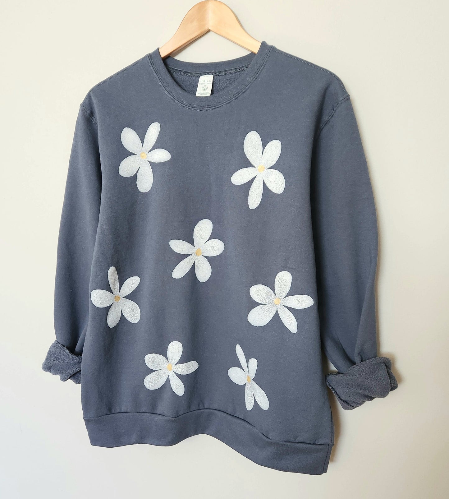 Daisy flower sweatshirt, unisex organic cotton crewneck, all over block print floral pattern, vintage inspired, ethical fall fashion