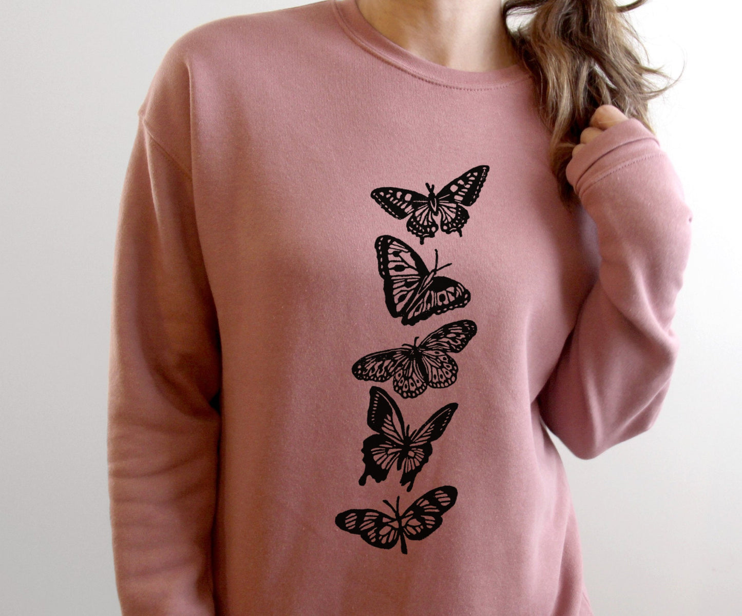 Butterfly print sweatshirt, hand printed unisex crewneck, butterflies print design, block print insect, soft cute jumper, ethical fashion