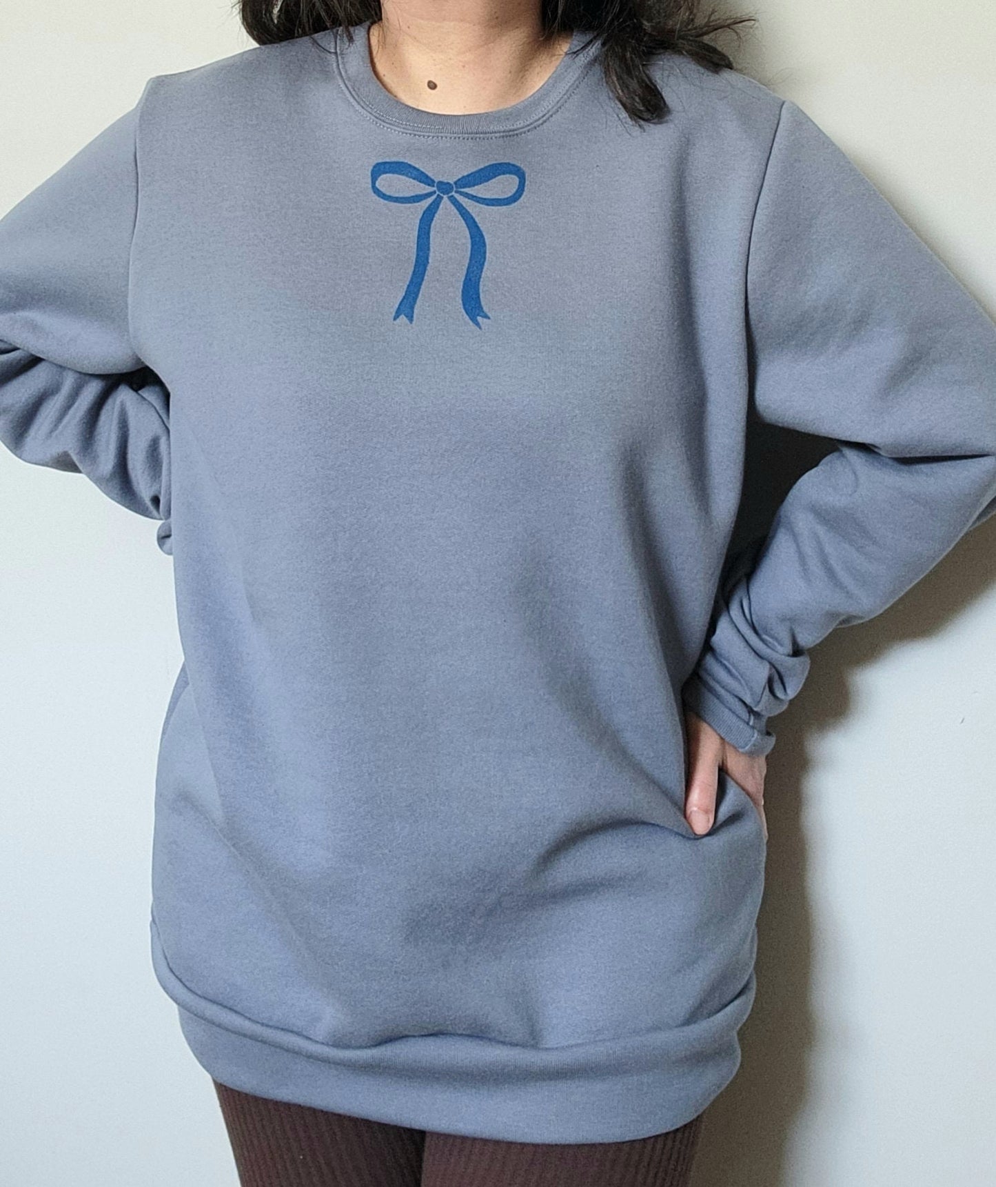 Bow sweatshirt, blue bow crewneck, hand block printed coquette ribbon illustration, cute jumper, gift for her, ethical spring fashion