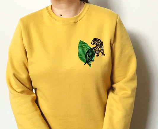 Tiger and leaf sweatshirt, hand printed unisex crewneck, unique block print sweater, linocut clothing, ethical fashion