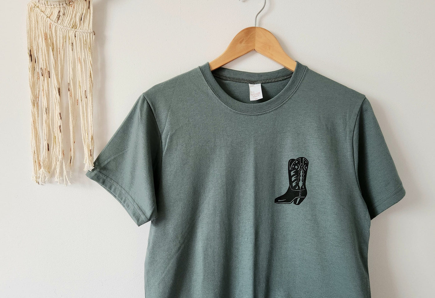 Cowboy boots t-shirt, UNISEX western theme hand printed tshirt, block print cowgirl tee, linocut illustration, ethical spring summer fashion