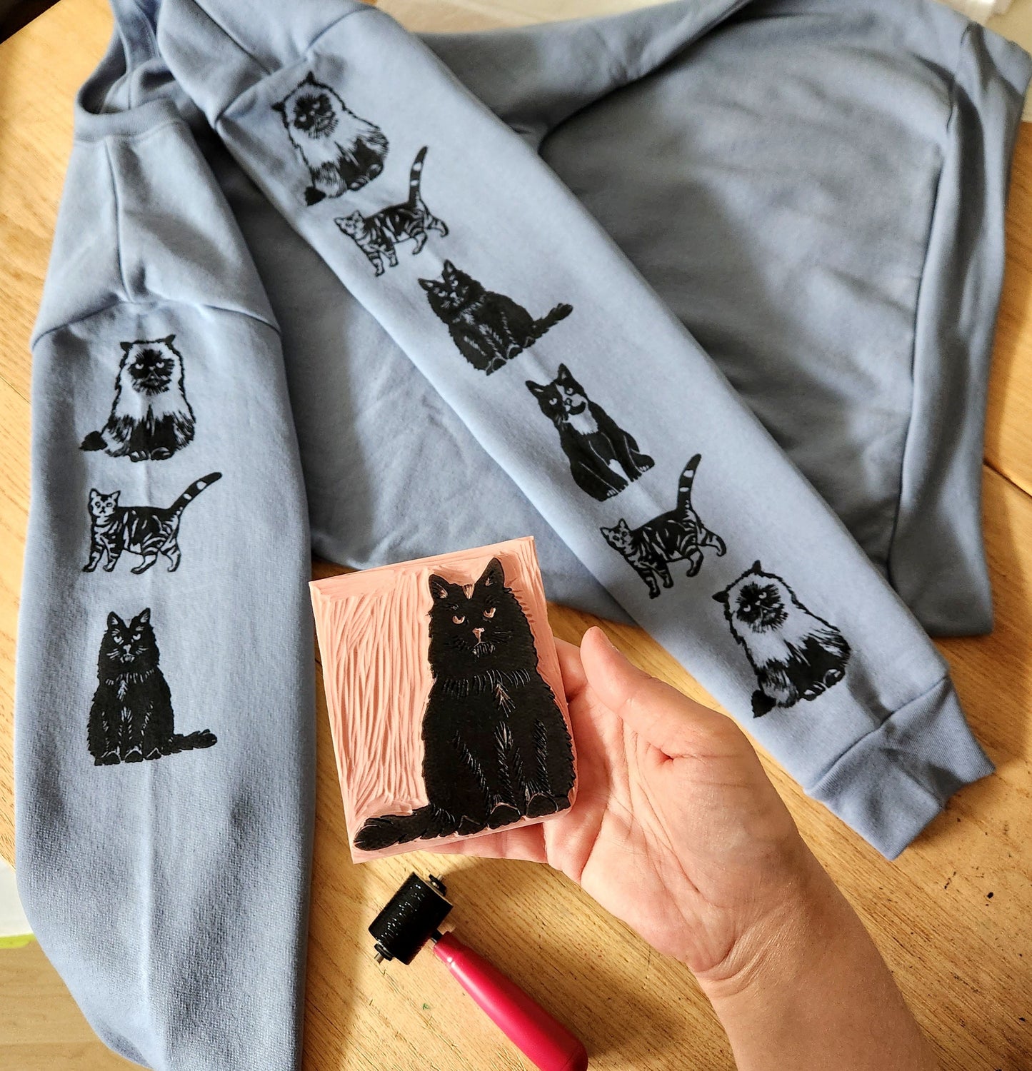 Cat sleeve print sweatshirt, hand printed unisex crewneck, cat print design, cat lover gift, block print soft cute jumper, ethical fashion