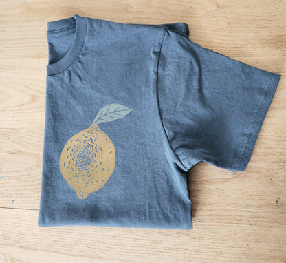 T-shirt citron, tee-shirt aux fruits unisexe imprimé à la main, t-shirt unique aux agrumes imprimés en bloc, chemise linocut printemps été douce, mode éthique