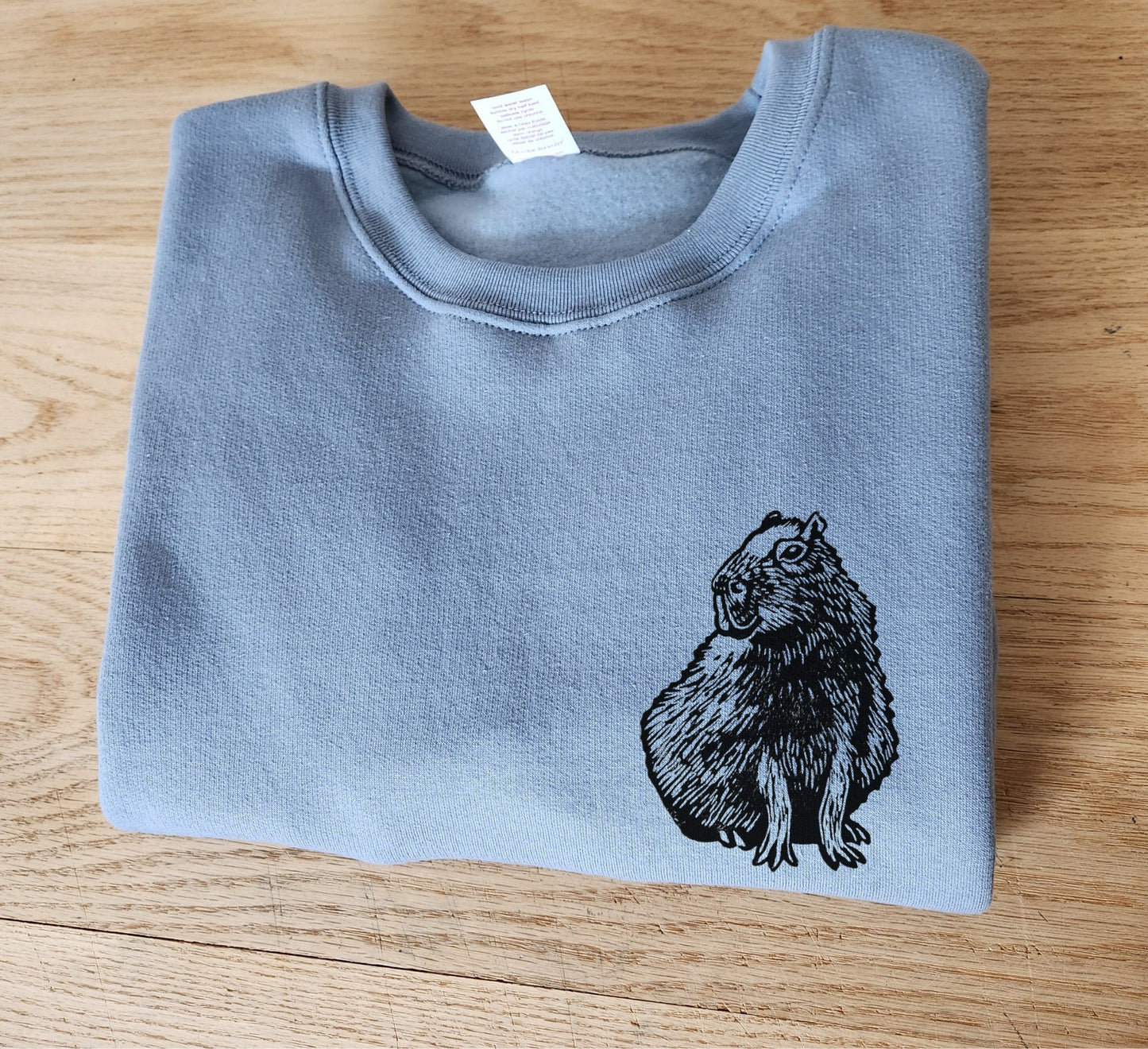 Capybara sweatshirt, unisex hand printed crewneck, block printed animal illustration, soft cute jumper, fall clothing, ethical fashion