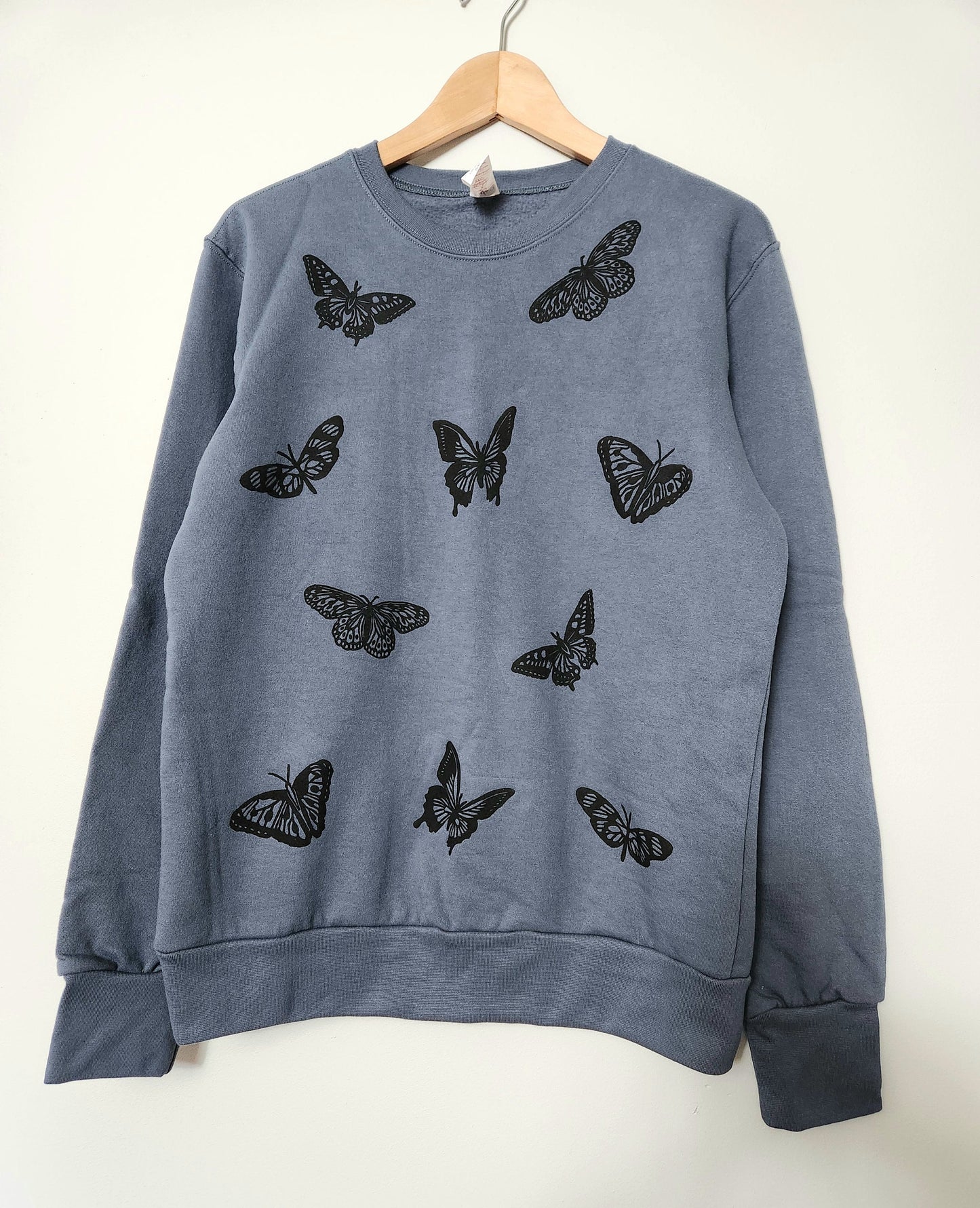 Butterfly sweatshirt, unisex organic cotton crewneck, all over block print butterflies pattern, ethical fall fashion