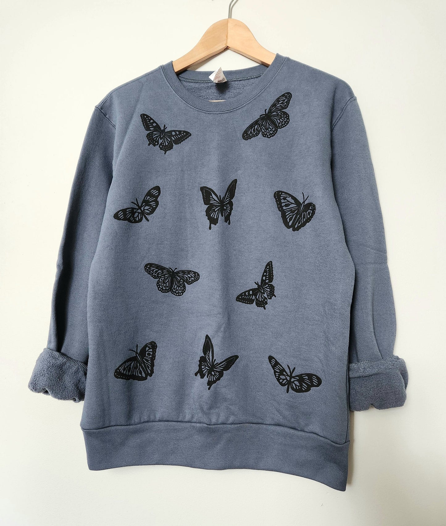 Butterfly sweatshirt, unisex organic cotton crewneck, all over block print butterflies pattern, ethical fall fashion