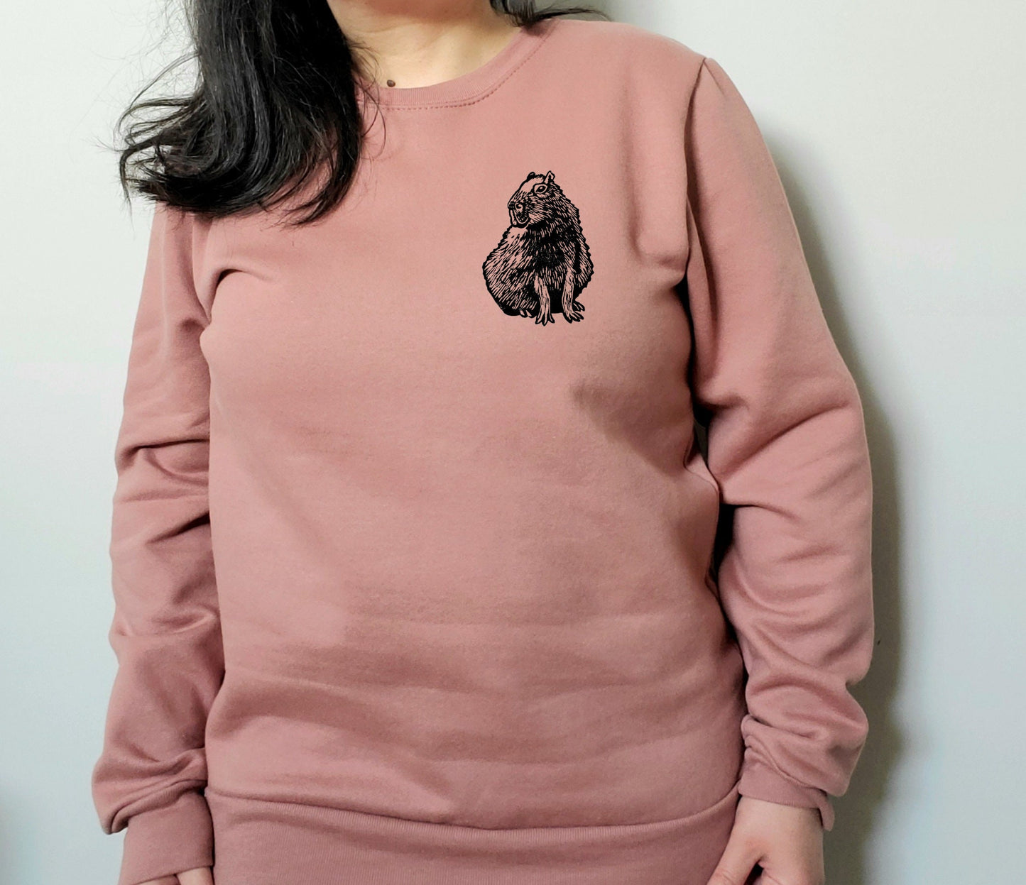 Capybara sweatshirt, unisex hand printed crewneck, block printed animal illustration, soft cute jumper, fall clothing, ethical fashion