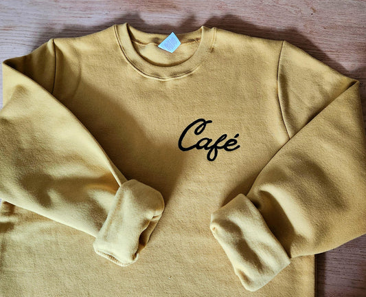 Café sweatshirt, unisex hand printed sweater, coffee minimalist crewneck, coffee lover gift, block print calligraphy, ethical fall fashion