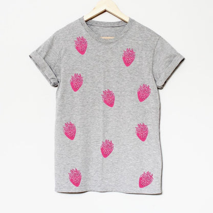 Vintage strawberry t-shirt, all-over berry hand printed unisex tee, unique block print fruit tshirt, spring summer shirt, ethical fashion
