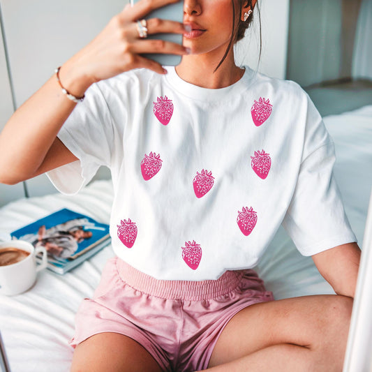 Vintage strawberry t-shirt, all-over berry hand printed unisex tee, unique block print fruit tshirt, spring summer shirt, ethical fashion