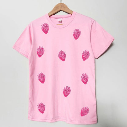 Vintage strawberry t-shirt, all-over berry hand printed unisex tee, unique block print fruit tshirt, spring summer shirt, ethical fashion