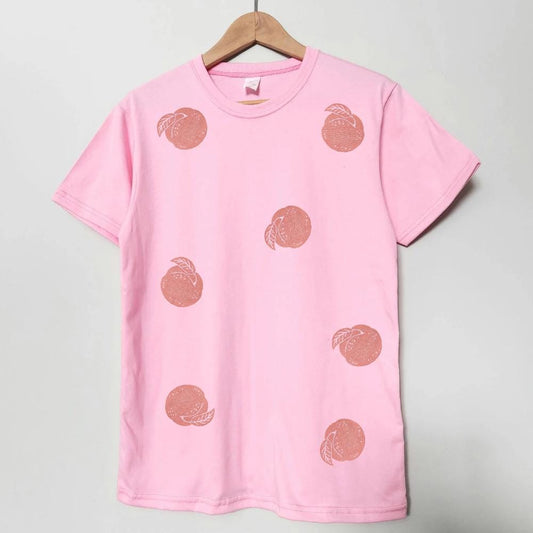 Vintage peach t-shirt, all-over peaches hand printed unisex tee, unique block print pink fruit tshirt, summer shirt, ethical fashion