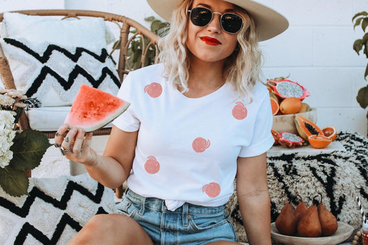 Vintage peach t-shirt, all-over peaches hand printed unisex tee, unique block print fruit tshirt, spring summer shirt, ethical fashion