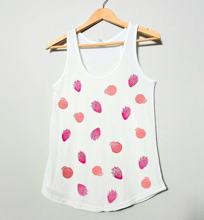 Strawberry and peach tank top, ladies racerback bamboo tank, hand print linocut design, organic cotton top, soft summer ethical fashion