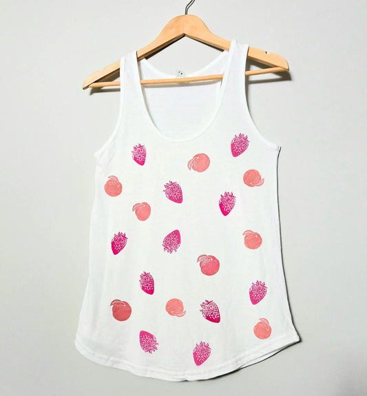Strawberry and peach tank top, ladies racerback bamboo tank, hand print linocut design, organic cotton top, soft summer ethical fashion
