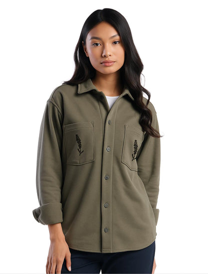 Organic fleece overshirt, fall shacket, unisex sage shirt jacket, button closure and block print pocket design, ethical fall fashion