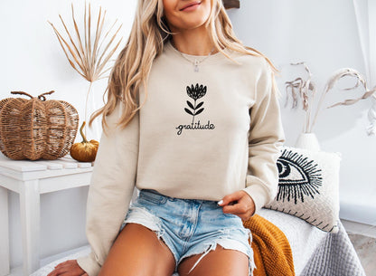 Gratitude sweatshirt, unisex hand printed flower crewneck, block printed floral illustration, soft fleece jumper, fall ethical clothing