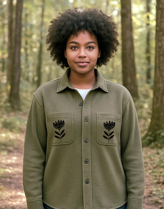 Organic fleece overshirt, fall shacket, unisex sage shirt jacket, button closure and block print pocket design, ethical fall fashion