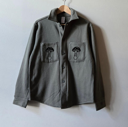 Organic fleece overshirt, fall shacket, unisex sage shirt jacket, button closure and block print pocket design, ethical fall fashion