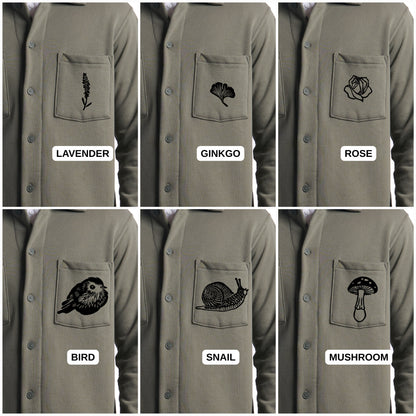 Organic fleece overshirt, fall shacket, unisex sage shirt jacket, button closure and block print pocket design, ethical fall fashion